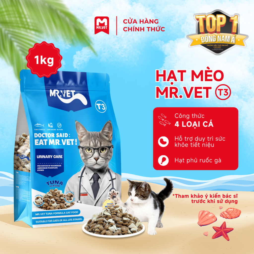 Thức ăn cho mèo MRVET mới toàn diện T3 gói 1KG với 4 loại cá: ngừ, Cá thu, Cá bonito, cá cơm