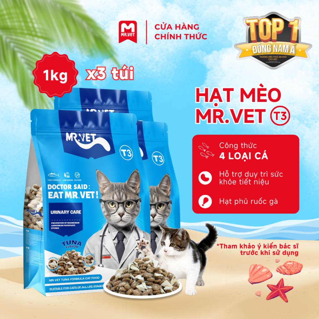 Thức ăn cho mèo MRVET mới T3 toàn diện combo 3 gói 1KG hỗ trợ sức khỏe đường tiết niệu cho mèo
