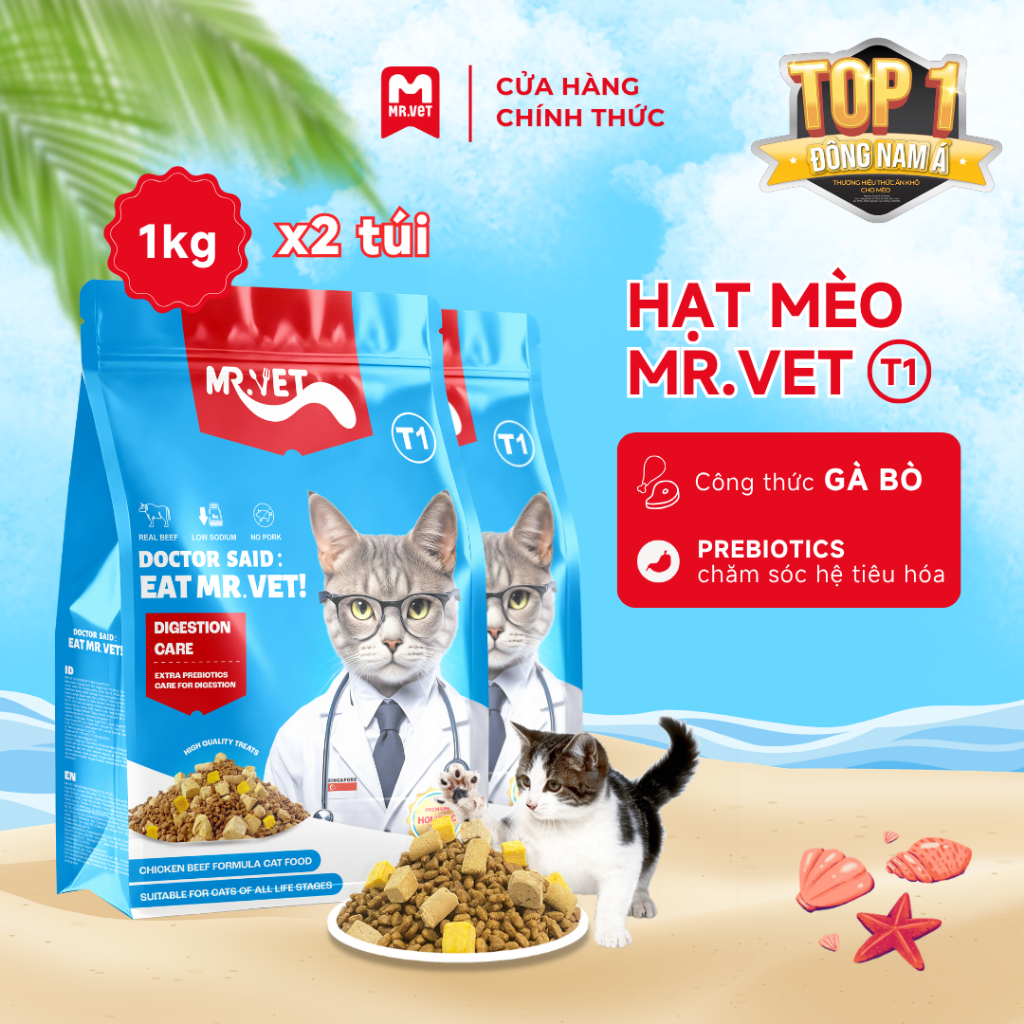 Hạt Cho Mèo MRVET Holistic T1 Combo 2 Gói 1KG Với 30% Protein Mix Thịt Sấy Lạnh Thăng Hoa Cao Cấp