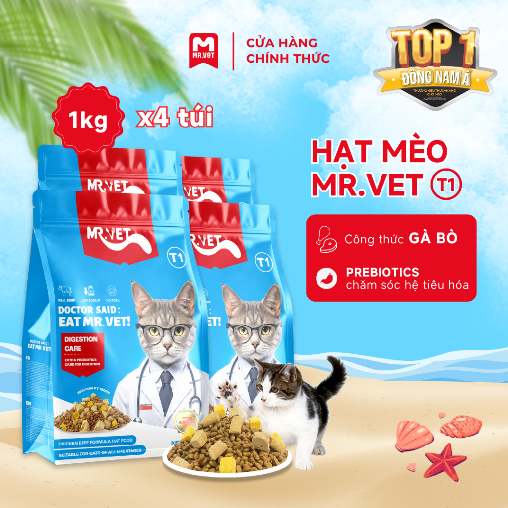 Hạt Cho Mèo MRVET Holistic T1 Combo 4 Gói 1Kg Với 30% Protein Mix Thịt Sấy Lạnh Thăng Hoa Cao Cấp