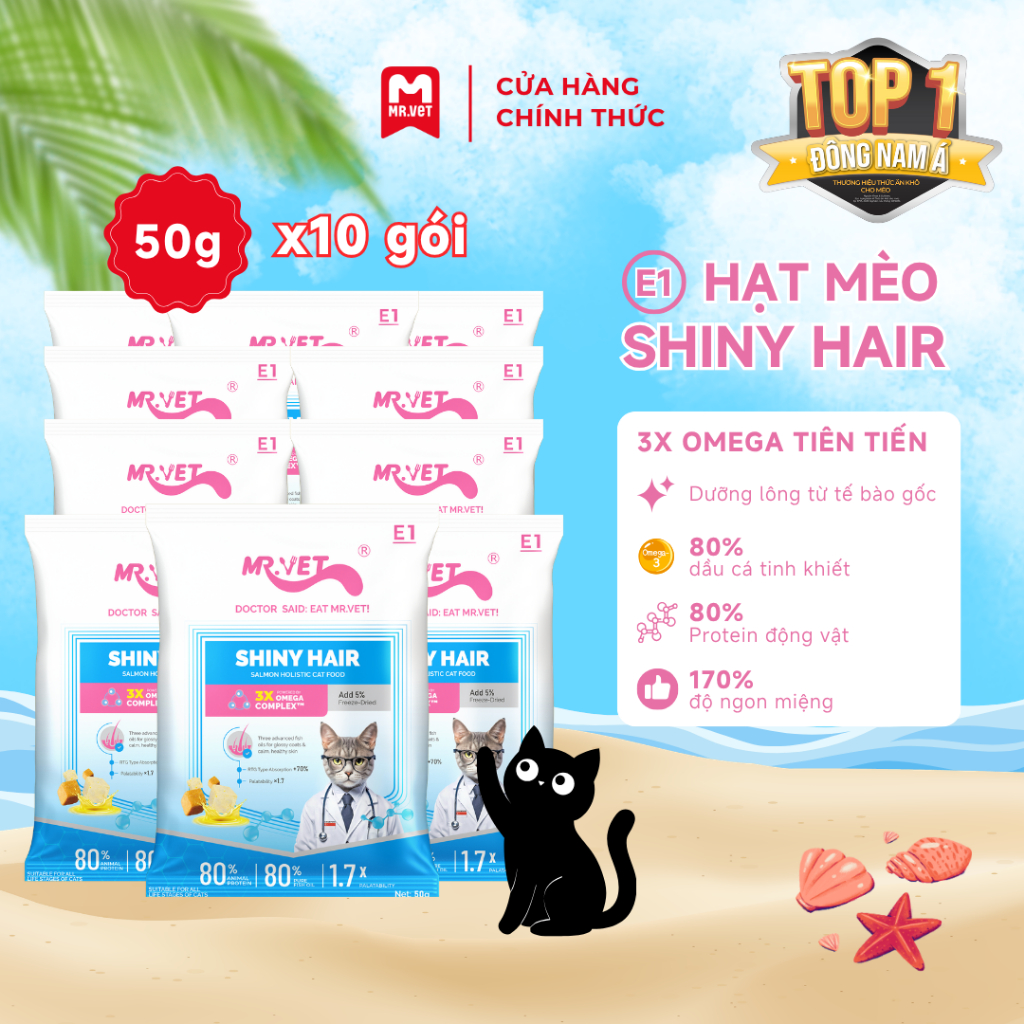[MỚI] Hạt Cho Mèo MRVET E1 Combo 4,5 & 10 Gói 50G Dưỡng Lông Chuyên Sâu Từ Dầu Cá Tinh Khiết, 80% Đạm Động Vật
