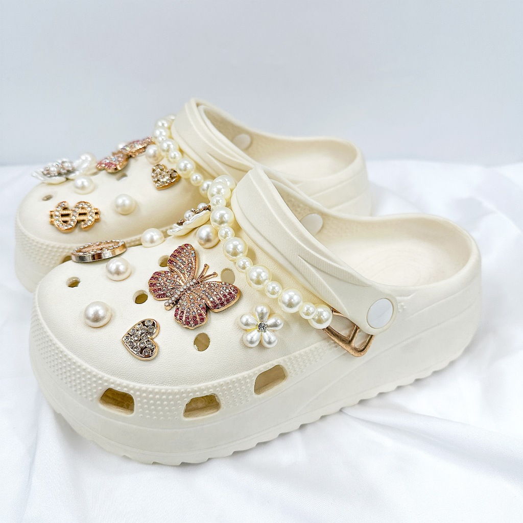 21 Chiếc Sandal Nữ Clog DIY Giày Quyến Rũ Bling Sang Trọng 3D Vàng Bướm Ngọc Trai Chian Nút Lỗ Giày Trang Trí Bộ Phụ Kiện