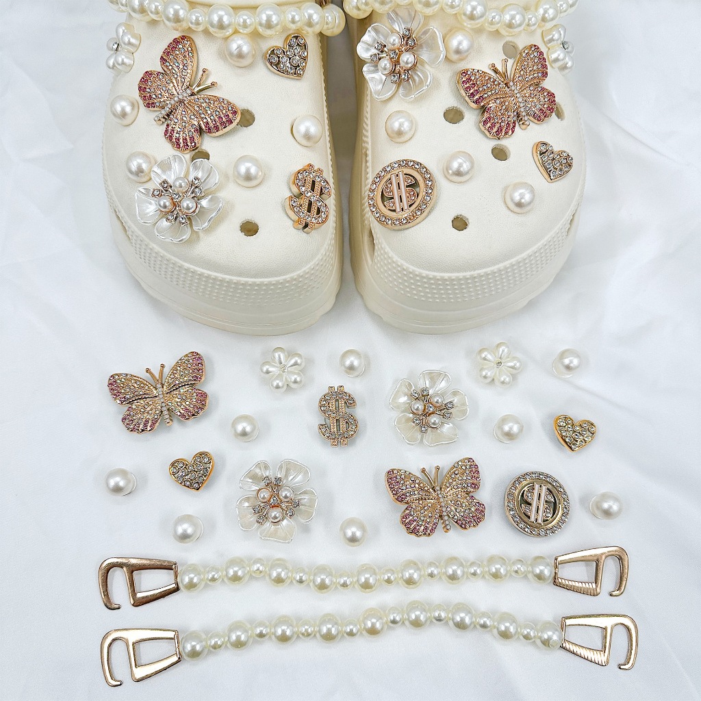 21 Chiếc Sandal Nữ Clog DIY Giày Quyến Rũ Bling Sang Trọng 3D Vàng Bướm Ngọc Trai Chian Nút Lỗ Giày Trang Trí Bộ Phụ Kiện