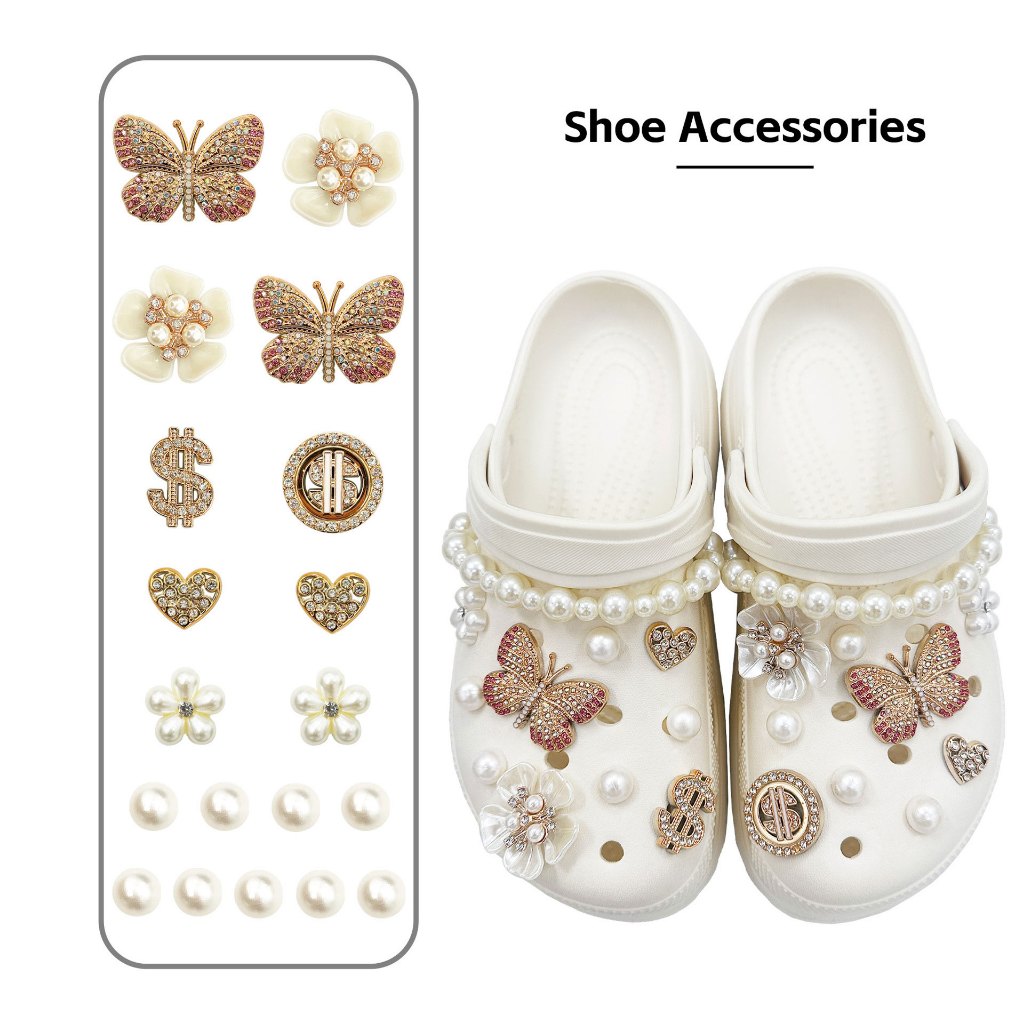 21 Chiếc Sandal Nữ Clog DIY Giày Quyến Rũ Bling Sang Trọng 3D Vàng Bướm Ngọc Trai Chian Nút Lỗ Giày Trang Trí Bộ Phụ Kiện