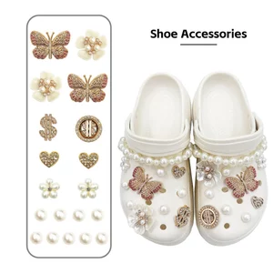 21 Chiếc Sandal Nữ Clog DIY Giày Quyến Rũ Bling Sang Trọng 3D Vàng Bướm Ngọc Trai Chian Nút Lỗ Giày Trang Trí Bộ Phụ Kiện