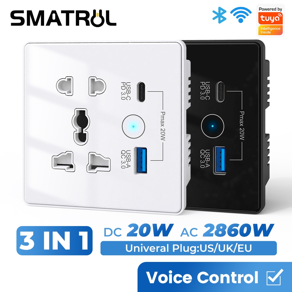 Ổ cắm điện âm tường thông minh WiFi SMATRUL kết nối wifi 3.0 cổng Usb type C Hẹn giờ sạc