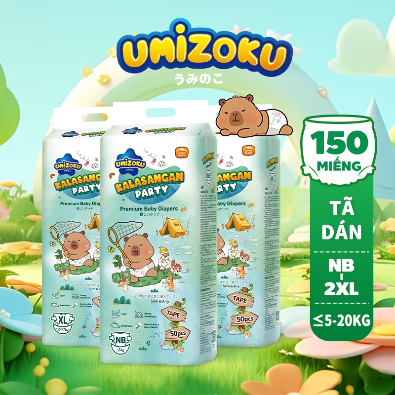 （150 chiếc）Bỉm Tã Dán UMIZOKU Premium Mỏng Nhẹ Thấm Hút Tốt Thoáng Khí Hạn Chế Hăm Tã Đủ Size - NB-2XL