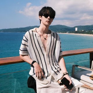 Mùa Hè Retro Thường Ngày Rỗng Đan Áo Sơ Mi Nam Sọc Màu Chặn Tay Ngắn Hàng Đầu Thời Trang