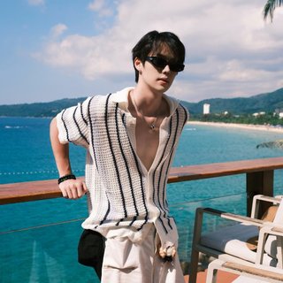 Mùa Hè Retro Thường Ngày Rỗng Đan Áo Sơ Mi Nam Sọc Màu Chặn Tay Ngắn Hàng Đầu Thời Trang