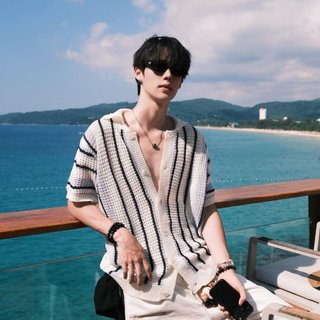 Mùa Hè Retro Thường Ngày Rỗng Đan Áo Sơ Mi Nam Sọc Màu Chặn Tay Ngắn Hàng Đầu Thời Trang
