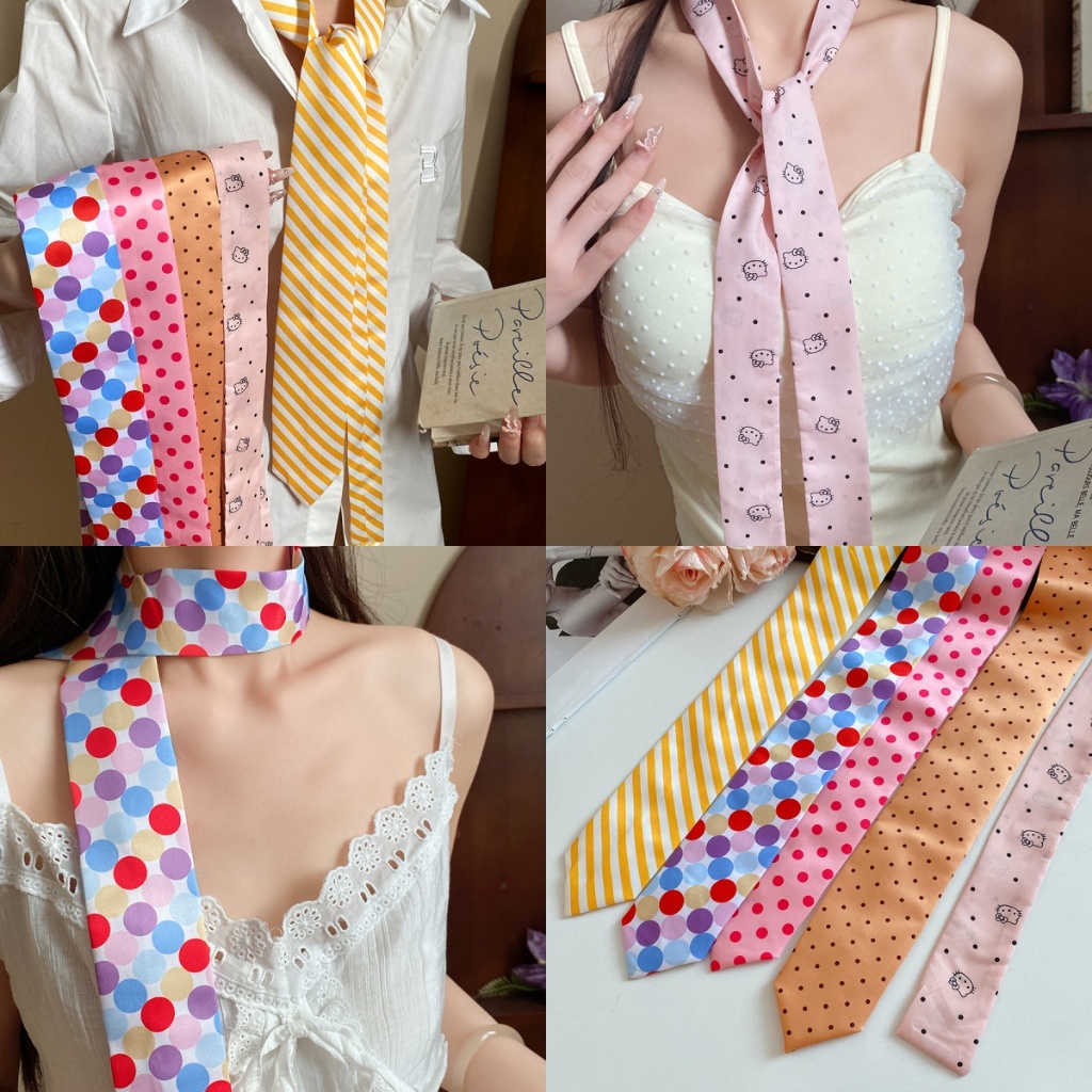 In hình dễ thương khăn satín twilly thiết kế chấm bi và sọc cổ kitty - Phụ kiện thời trang cho nữ