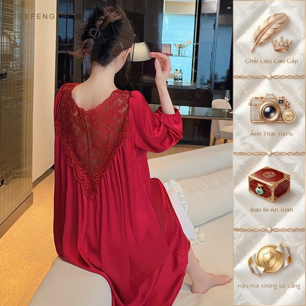 TEEFENG Bộ Đồ Ngủ Nữ Cao Cấp Lụa Cao Cấp Ren Cung Điện Mỏng Dài Tay Phù Hợp Mùa Hè Mặc Nhà