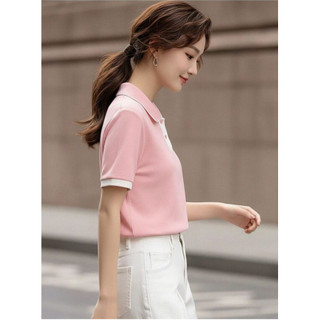 【Nên mua】áo kiểu nữ polo tay ngắn hồng trắng, cổ polo viền trắng, dáng ôm chất thun mềm