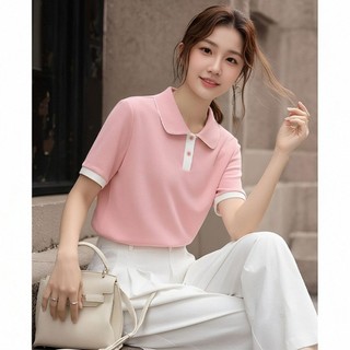 【Nên mua】áo kiểu nữ polo tay ngắn hồng trắng, cổ polo viền trắng, dáng ôm chất thun mềm
