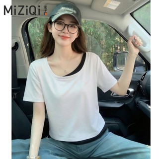 【Nên mua】áo kiểu nữ ngắn tay giả hai lớp, cổ vuông dáng ôm nhẹ, chất cotton mềm mại