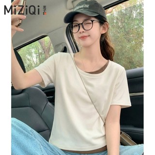 【Nên mua】áo kiểu nữ ngắn tay giả hai lớp, cổ vuông dáng ôm nhẹ, chất cotton mềm mại
