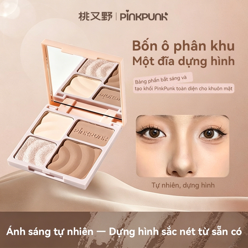 Bảng Phấn Tạo Khối Bắt Sáng PinkPunk Tự Nhiên Lâu Trôi Chống Nước Mịn Dễ tán