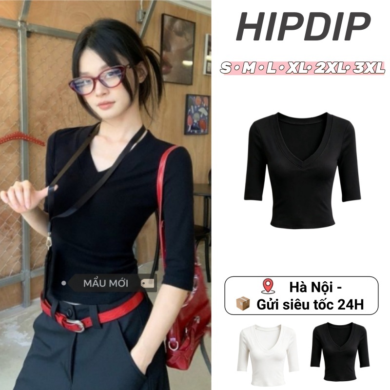 Áo baby tee Áo Thun ôm body Top Nữ Màu Đen Cổ Chữ V,Slim-Fit Co Dãn, Phù Hợp Mặc Làm Áo Sơ Mi Hoặc Layering