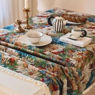 Khăn trải bàn hoa cúc đầy màu sắc sơn dầu cổ điển | Vỏ bàn ăn / cà phê hình chữ nhật · Viền tua rua · Trang trí sang trọng & lễ hội