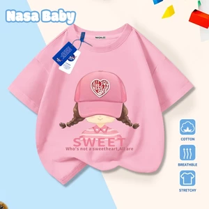 Áo phông ngắn tay họa tiết hoạt hình bé gái NASA, chất liệu cotton nguyên chất, dành cho mùa hè, áo tay ngắn cho bé trai và bé gái.