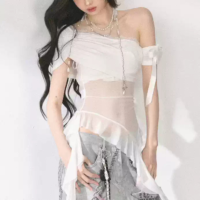 Áo thun nữ lưới trong suốt thiết kế mới, tay ngắn, thời trang