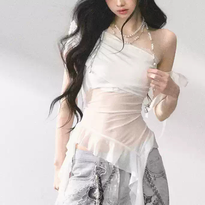 Áo thun nữ lưới trong suốt thiết kế mới, tay ngắn, thời trang