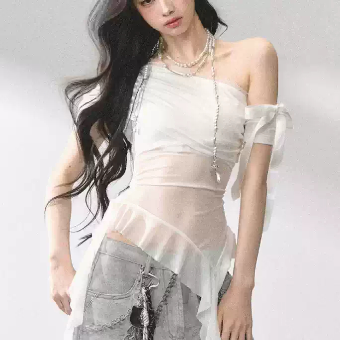 Áo thun nữ lưới trong suốt thiết kế mới, tay ngắn, thời trang