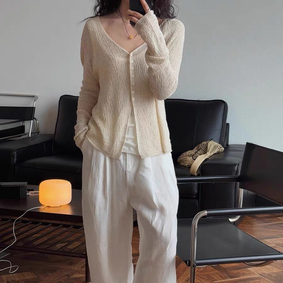 <![CDATA[Cardigan nữ phong cách Hàn Quốc cổ chữ V, vải lanh dệt kim thoáng khí]]>