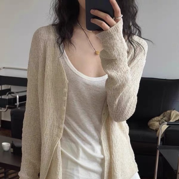 <![CDATA[Cardigan nữ phong cách Hàn Quốc cổ chữ V, vải lanh dệt kim thoáng khí]]>