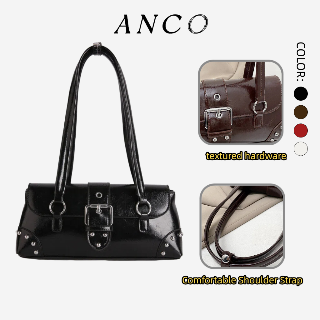 ANCO Pleated Women's Rivet Bag Vintage nhẹ sang trọng một vai túi xách