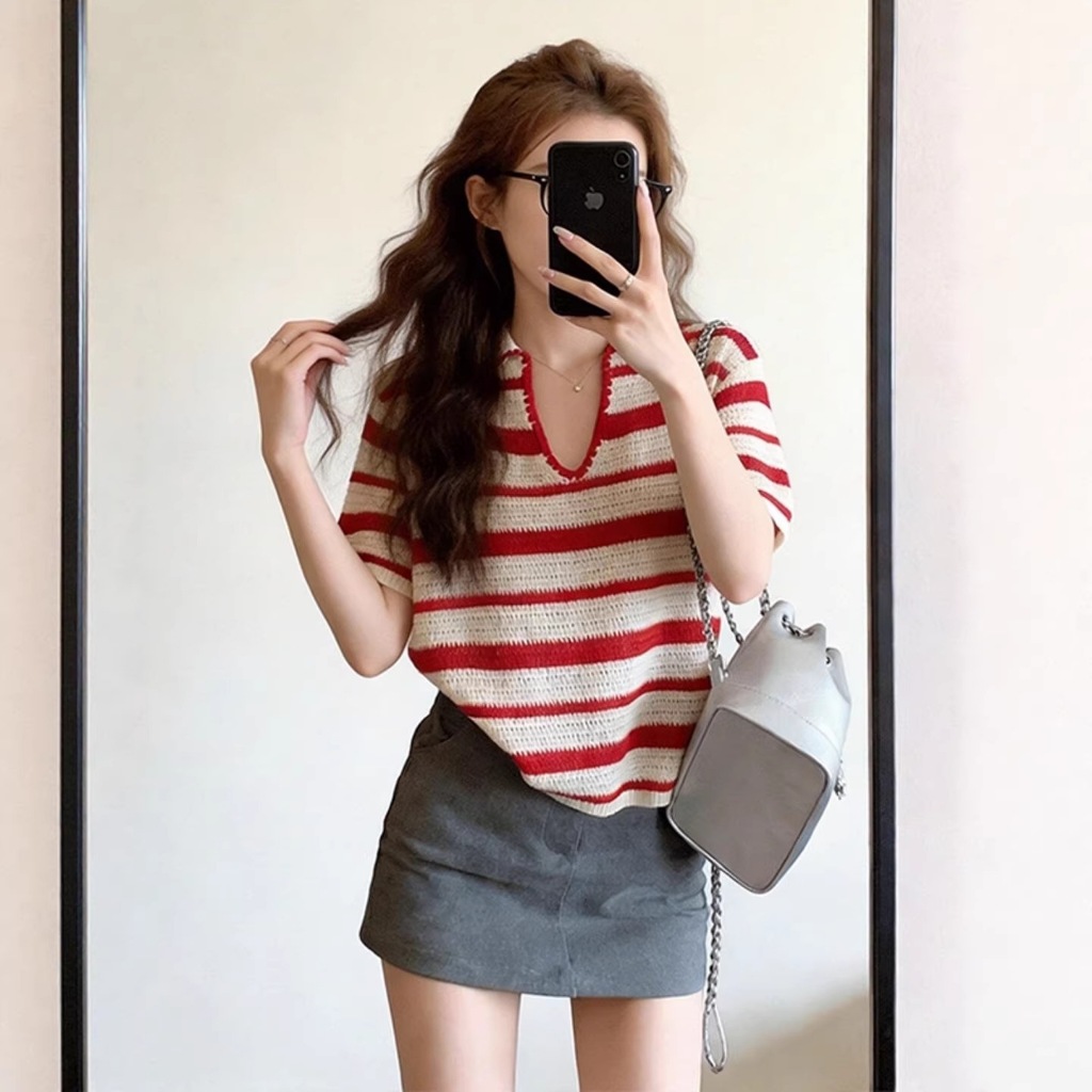 Áo thun ngắn tay sọc phiên bản Hàn Quốc cho mùa hè 2026