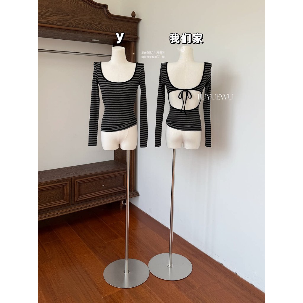 [BANKO] Áo sơ mi nữ sọc retro cổ chữ U dáng slim-fit dài tay phong cách mới mùa hè