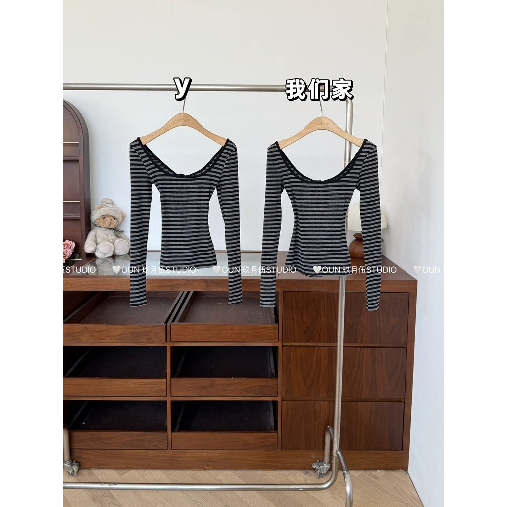 [BANKO] Áo sơ mi nữ sọc retro cổ chữ U dáng slim-fit dài tay phong cách mới mùa hè