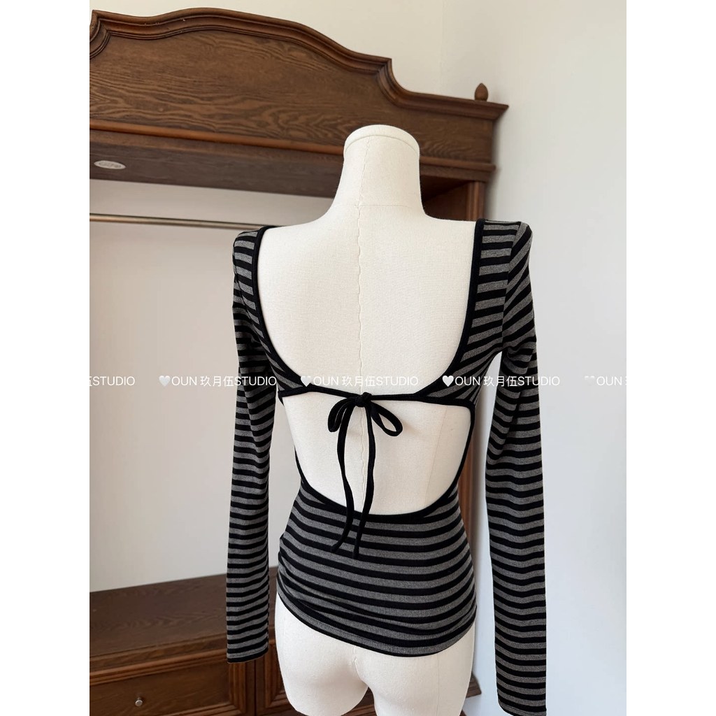 [BANKO] Áo sơ mi nữ sọc retro cổ chữ U dáng slim-fit dài tay phong cách mới mùa hè