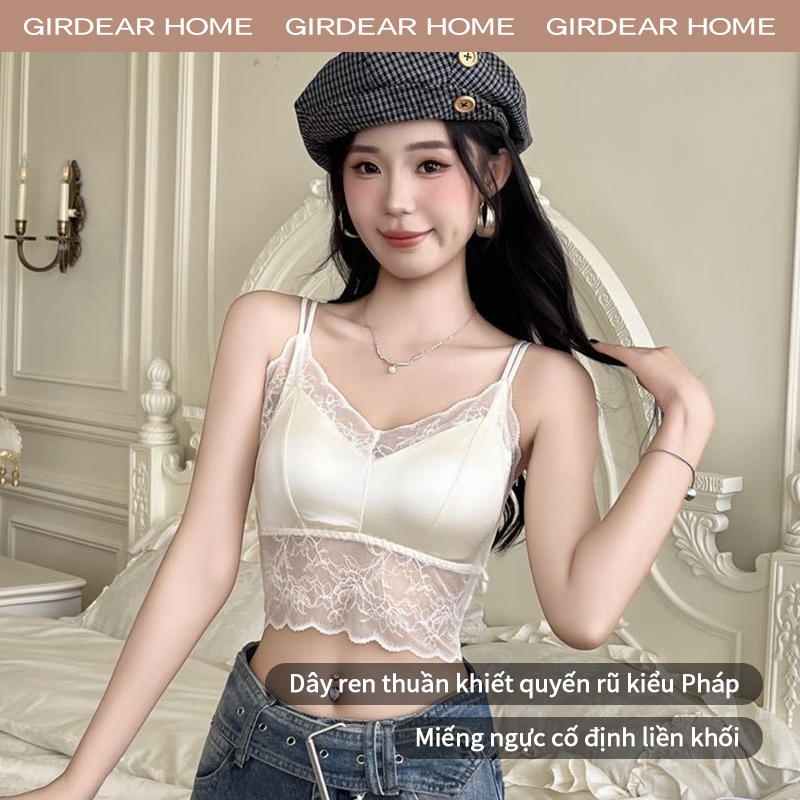 Girdear Home Áo tank top ren lụa mỏng dễ thương mặc mùa hè cho nữ cúp có đệm cố định, không gọng, cổ chữ V, đẩy lên cho ngực nhỏ, dây mảnh, lưng trần,7611EB02