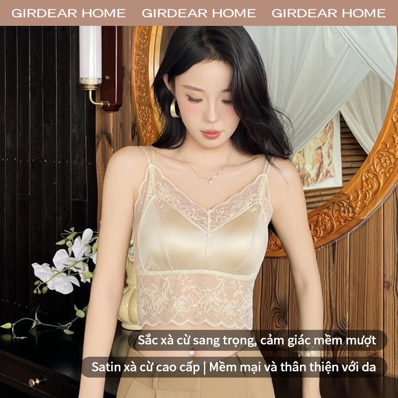 Girdear Home Áo tank top ren lụa mỏng dễ thương mặc mùa hè cho nữ cúp có đệm cố định, không gọng, cổ chữ V, đẩy lên cho ngực nhỏ, dây mảnh, lưng trần,7611EB02