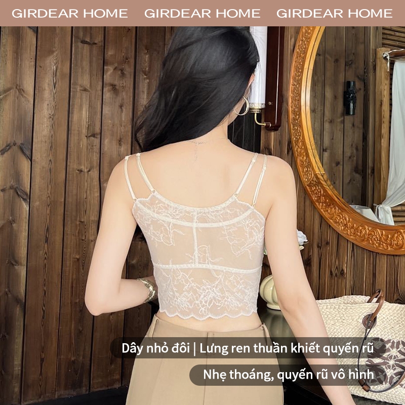 Girdear Home Áo tank top ren lụa mỏng dễ thương mặc mùa hè cho nữ cúp có đệm cố định, không gọng, cổ chữ V, đẩy lên cho ngực nhỏ, dây mảnh, lưng trần,7611EB02