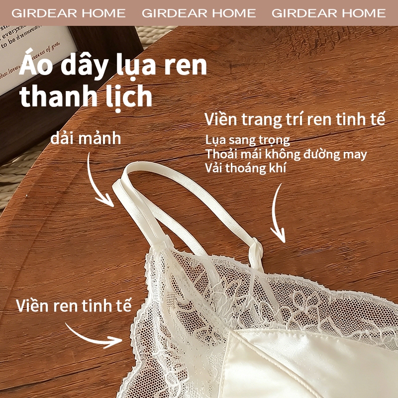 Girdear Home Áo tank top ren lụa mỏng dễ thương mặc mùa hè cho nữ cúp có đệm cố định, không gọng, cổ chữ V, đẩy lên cho ngực nhỏ, dây mảnh, lưng trần,7611EB02
