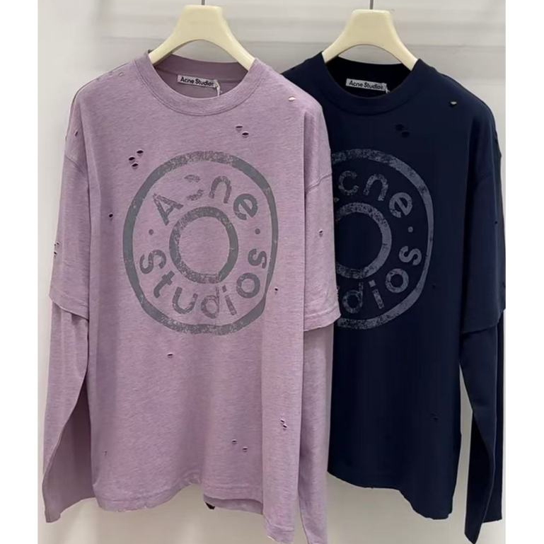 Unisex Nút Mới in Logo Lớn Vintage Đau Khổ 2 Trong 1 Áo Thun Dài Tay, Phong Cách Thường Ngày Nhật Bản-Hàn Quốc