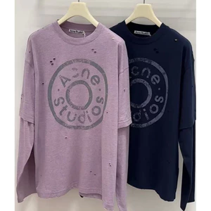Unisex Nút Mới in Logo Lớn Vintage Đau Khổ 2 Trong 1 Áo Thun Dài Tay, Phong Cách Thường Ngày Nhật Bản-Hàn Quốc
