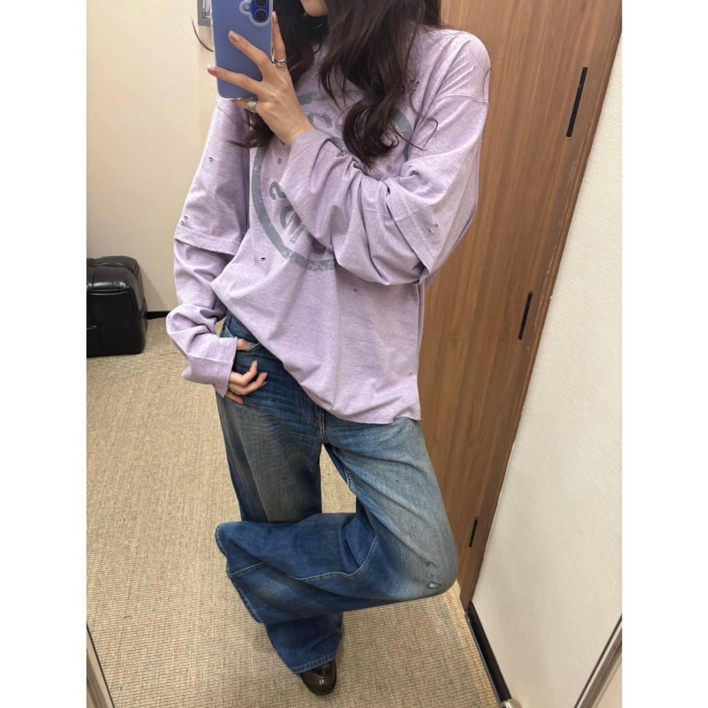 Unisex Nút Mới in Logo Lớn Vintage Đau Khổ 2 Trong 1 Áo Thun Dài Tay, Phong Cách Thường Ngày Nhật Bản-Hàn Quốc