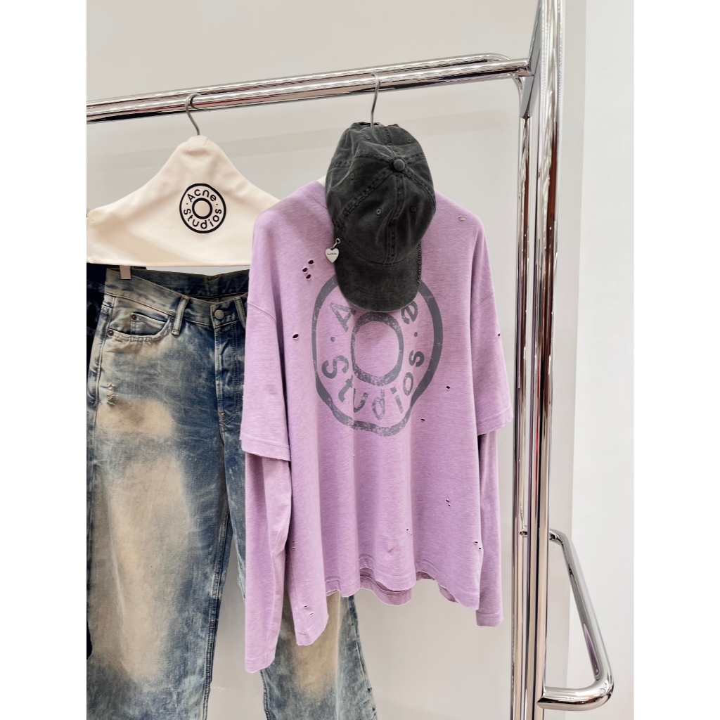 Unisex Nút Mới in Logo Lớn Vintage Đau Khổ 2 Trong 1 Áo Thun Dài Tay, Phong Cách Thường Ngày Nhật Bản-Hàn Quốc