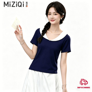 【Nên mua】áo kiểu nữ ngắn tay cổ bé, màu xanh đen cổ trắng, dáng ôm chất thun mềm