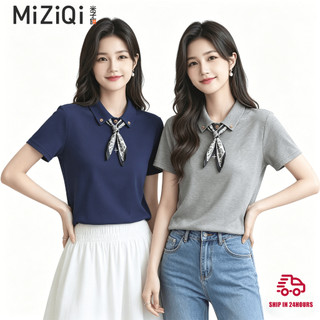 【Nên mua】áo kiểu nữ polo tay ngắn, kèm khăn lụa trang trí, màu xanh/ xám dáng ôm