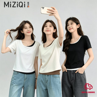 【Nên mua】áo kiểu nữ ngắn tay giả hai lớp, cổ vuông dáng ôm nhẹ, chất cotton mềm mại