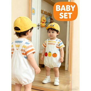 Sơ Sinh Sơ Sinh Bé Trai Bé Gái 2 Trong 1 Áo Liền Quần Lớp Giả, Sọc Nhiều Màu Sắc Tay Ngắn Thêu Trái Cây Cotton Mềm Mại Mùa Hè Phù Hợp Với Tất Mũ Hoạt Hình