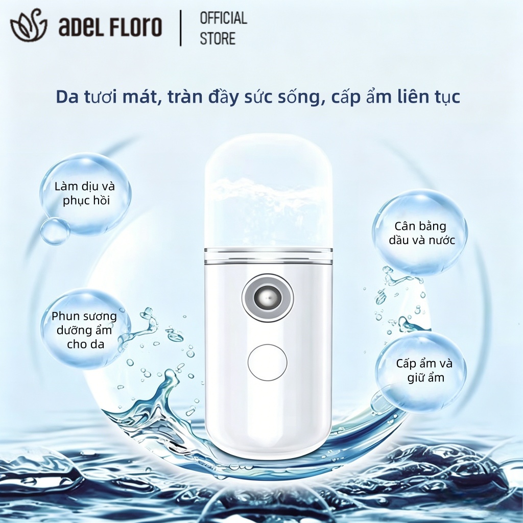 【Adel Floro】Máy Phun Sương Dưỡng Da - Cầm Tay, Sạc USB, Mini, Làm Mát, Cấp Nước