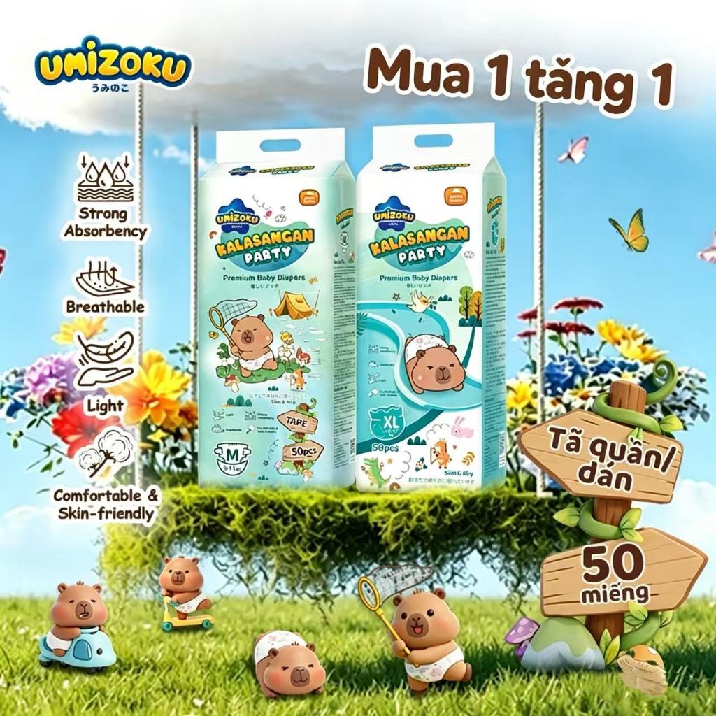 （Mua 1 Tặng 1）Tã em bé UMIZOKU thiết kế mới, siêu khô thoáng cả đêm, chống tràn, size NB-4XL cho mọi lứa tuổi