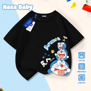 Áo thun in hình Doraemon (máy mèo) NASA tay ngắn, dành cho nam nữ trẻ em, chất liệu cotton.