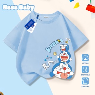 Áo thun in hình Doraemon (máy mèo) NASA tay ngắn, dành cho nam nữ trẻ em, chất liệu cotton.